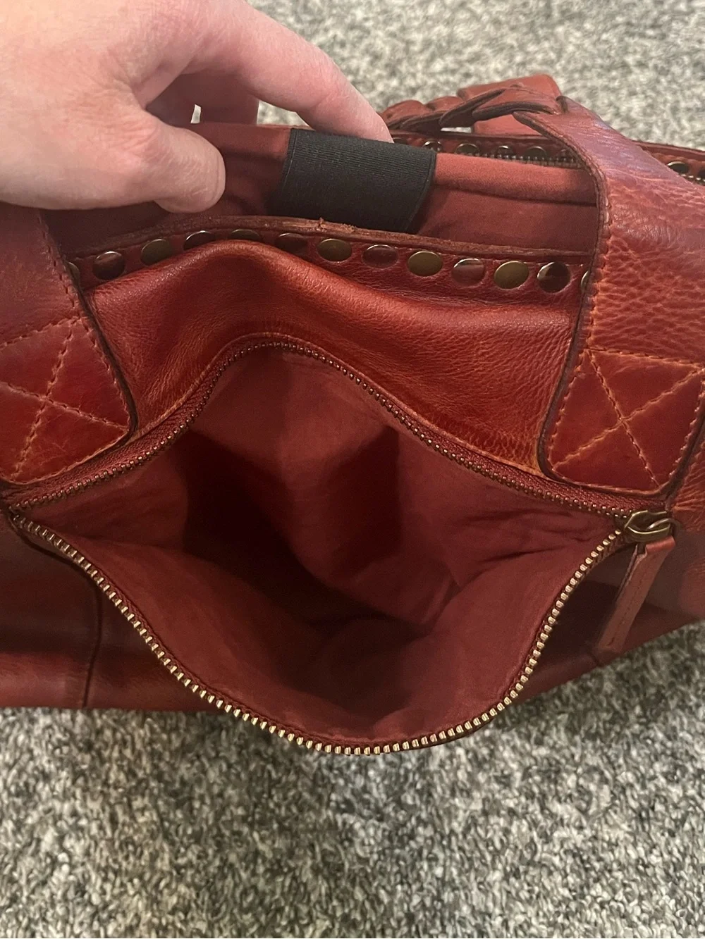 Leather Stud-Trim Tote with Braided Handles - Rust Red